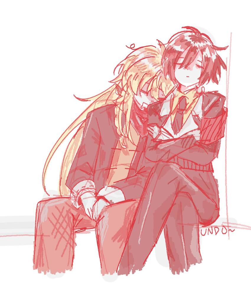 2boys, armband, artist_name, blonde_hair, brown_jacket, brown_shirt, closed_eyes, closed_mouth