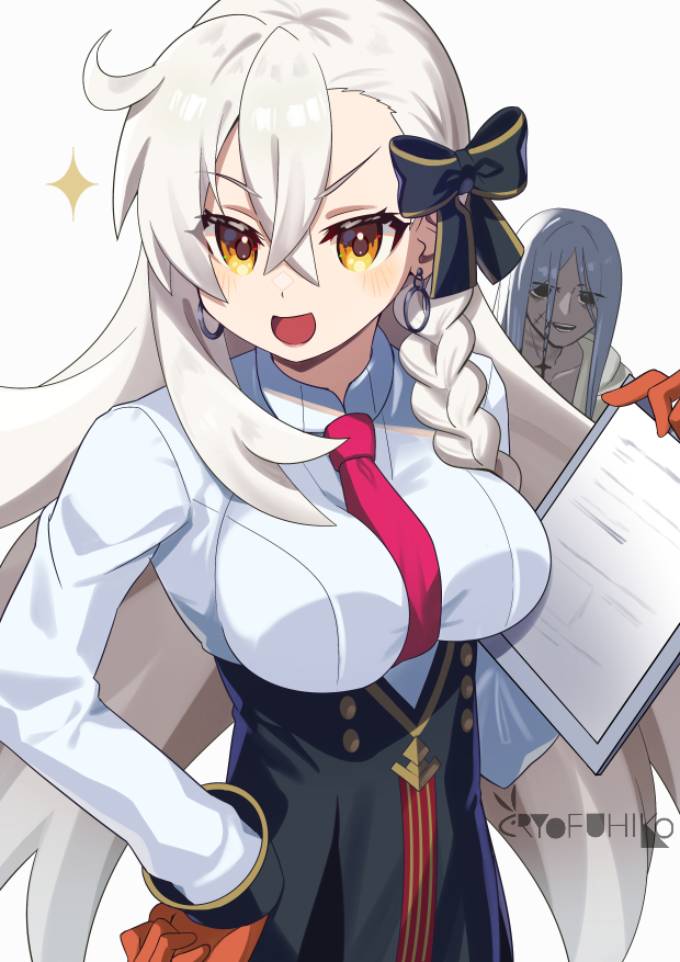 1boy, 1girl, asymmetrical_bangs, azrael_(grand_assassin)_(fate), black_skirt, breasts, collared_shirt, commentary_request