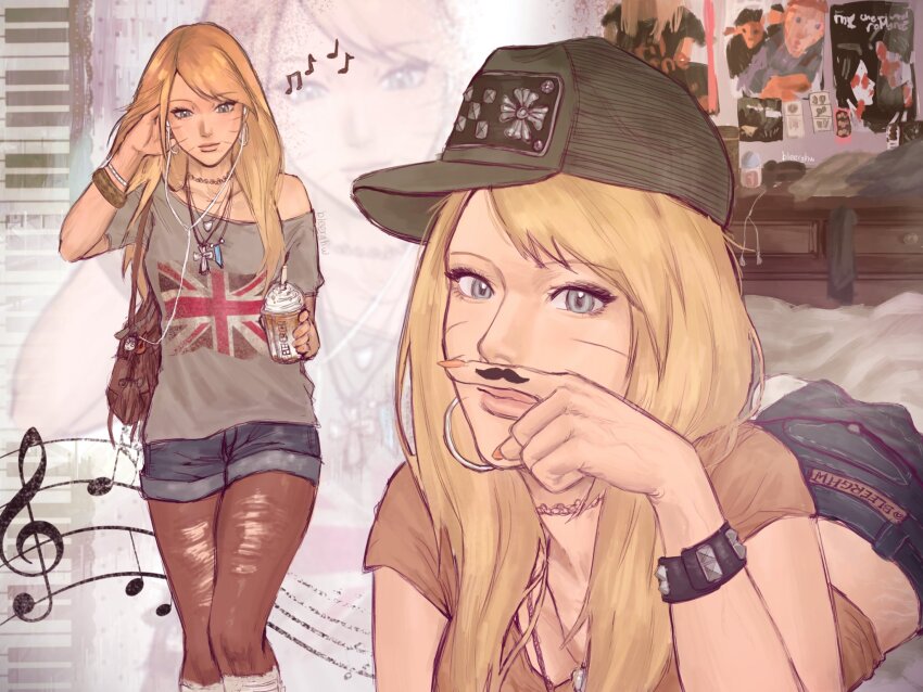 1girl, alternate_costume, alternate_hairstyle, animal_print, armlet, artist_name, bag, band_poster, baseball_cap, beamed_eighth_notes, black_pantyhose, bleeehrghw, blonde_hair, blue_eyes, boots, border, bracelet, brown_bag, brown_shirt, choker, closed_mouth, commentary, cowboy_shot, cross, cross_necklace, crystal_necklace, cup, denim, denim_shorts, disposable_coffee_cup, disposable_cup, drinking_straw, earbuds, earphones, earrings, eighth_note, english_commentary, facial_mark, fake_facial_hair, fake_mustache, fashion, fingernails, genderswap, genderswap_(mtf), grey_shirt, hand_tattoo, hat, highres, holding, holding_cup, hoop_earrings, indoors, instrument, jewelry, knee_boots, lace, lace_border, leopard_print, light_smile, long_fingernails, long_hair, looking_at_viewer, looking_down, lying, midriff, multiple_necklaces, multiple_views, musical_note, naruto_(series), necklace, on_bed, on_stomach, orange_nails, ornate_border, pantyhose, piano, print_shirt, quarter_note, shirt, shorts, shoulder_bag, silver_earrings, single_bare_shoulder, stretch_marks, studded_bracelet, studded_hat, swept_bangs, t-shirt, tattoo, torn_clothes, torn_pantyhose, treble_clef, union_jack_print, untucked_shirt, uzumaki_naruto, v-neck, walking, whisker_markings, white_background, white_boots, y2k_fashion, zoom_layer