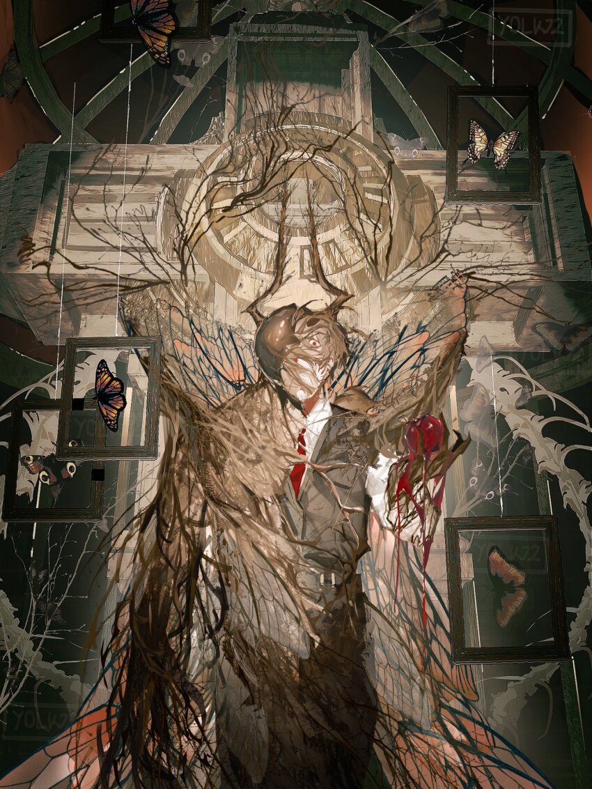 1boy, apple, arthropod_limbs, black_pants, black_vest, bug, butterfly, commentary, cowboy_shot, cross, english_commentary, food, framed_insect, fruit, gregor_(project_moon), highres, holding, holding_food, holding_fruit, insect, limbus_company, looking_at_viewer, male_focus, necktie, pants, project_moon, red_eyes, red_necktie, solo, spoilers, the_roach_emperor, vest, wings, yolk72