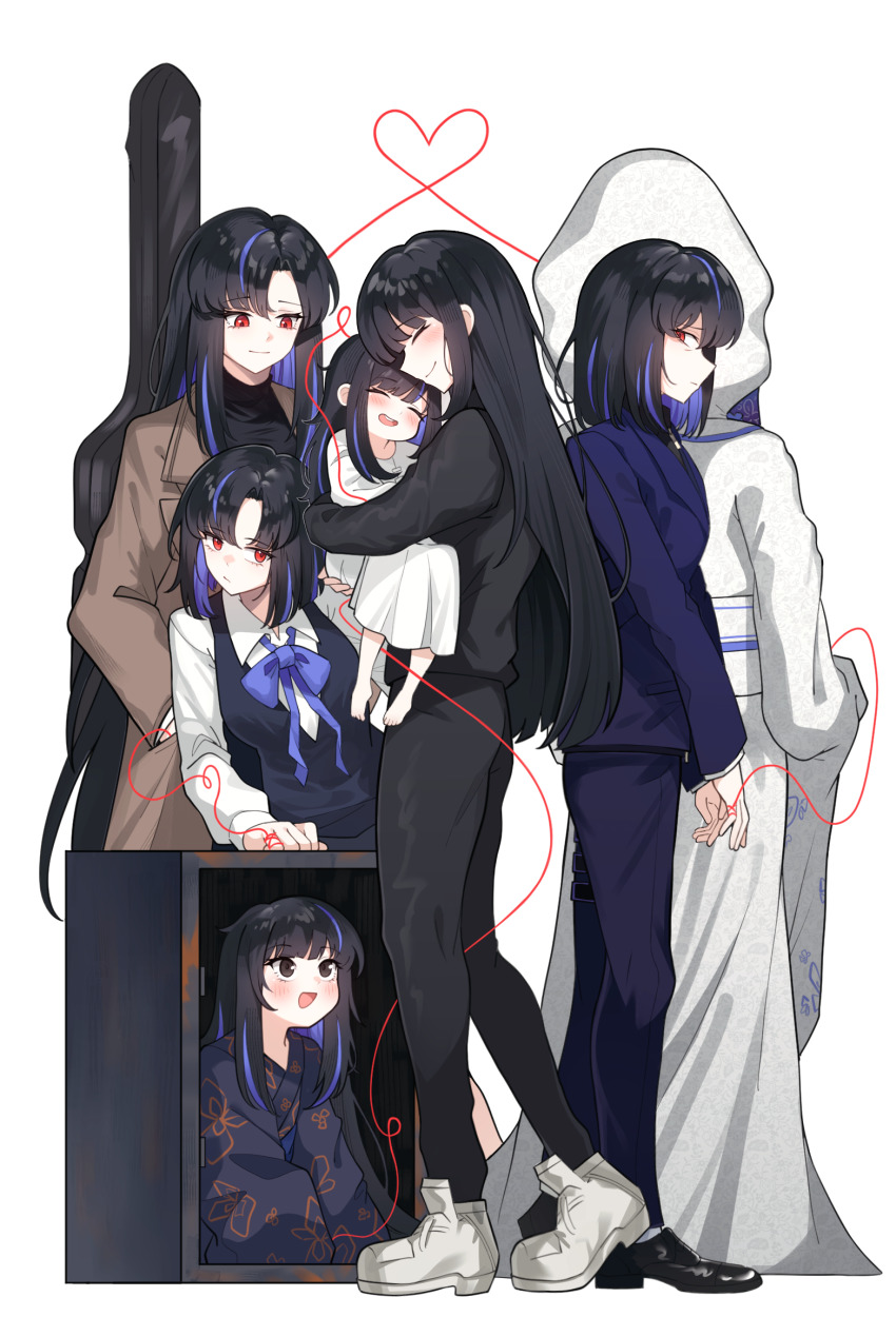 6+girls, araya_(project_moon), black_eyes, black_hair, black_pants, black_shoes, blue_bow, blue_pants