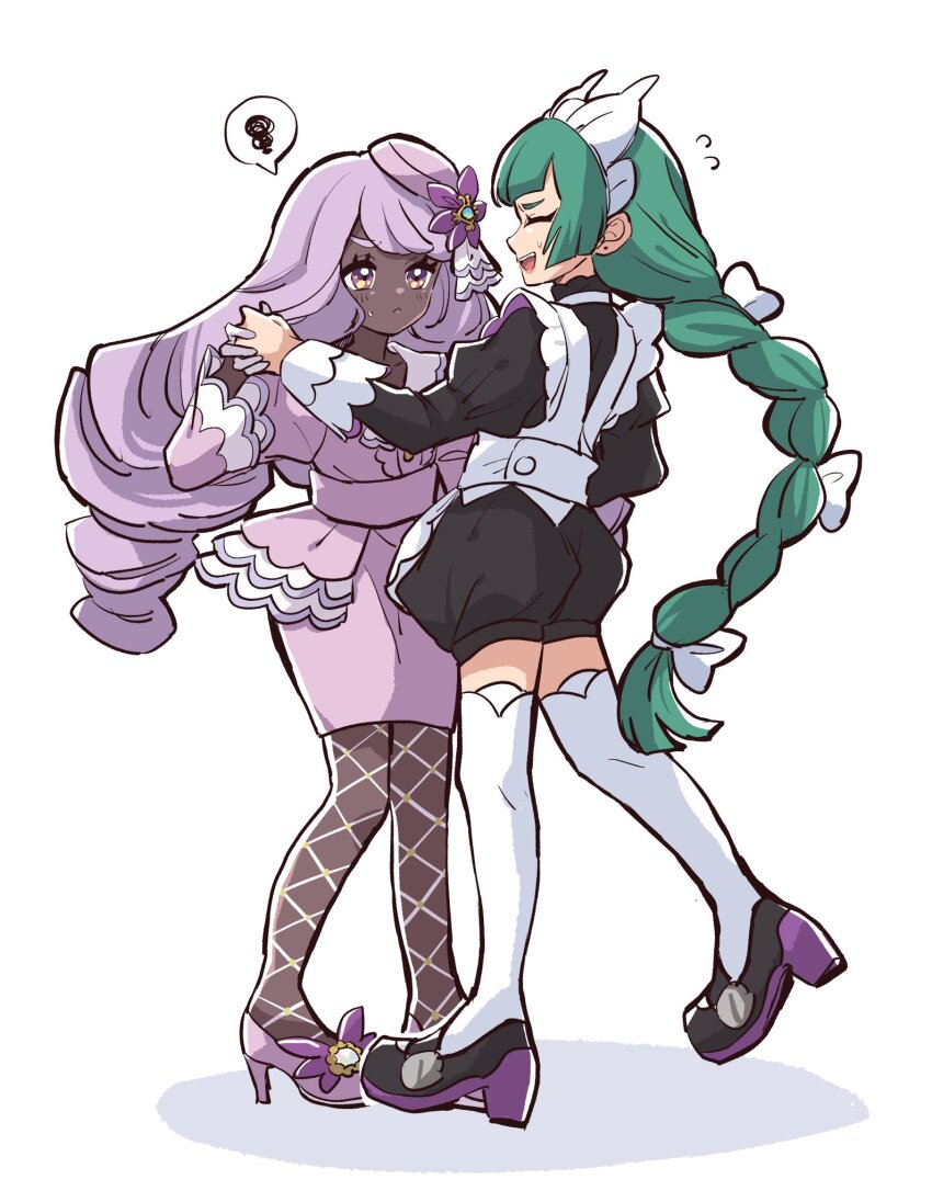 2girls, apron, black_romper, blunt_bangs, braid, braided_ponytail, closed_mouth, commentary_request, dancing, dark-skinned_female, dark_skin, dress, fascinator, fishnet_pantyhose, fishnets, gloves, green_hair, highres, holding_hands, jacinthe_(pokemon), juliet_sleeves, kino_haruc, lebanne_(pokemon), long_braid, long_hair, long_sleeves, low_drills, maid, maid_apron, maid_headdress, master_and_servant, mega_stone, multiple_girls, nintendo, open_mouth, pantyhose, pokemon, pokemon_legends:_z-a, puffy_sleeves, purple_dress, purple_eyes, purple_hair, romper, shoes, smile, speech_bubble, spoken_squiggle, squiggle, thighhighs, very_dark_skin, white_gloves, white_thighhighs