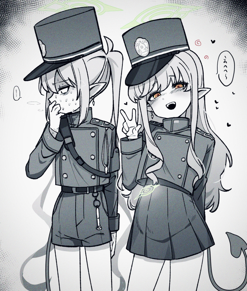 ..., 2girls, :d, arm_at_side, bags_under_eyes, belt, belt_buckle, blue_archive, blush, breath, buckle, commentary_request, covered_mouth, covering_own_mouth, cowboy_shot, curly_sidelocks, demon_girl, demon_tail, earrings, film_grain, gloves, green_halo, grey_background, greyscale, halo, hand_over_own_mouth, hand_up, heart, highres, hikari_(blue_archive), incest, jacket, jewelry, long_hair, long_sidelocks, long_sleeves, looking_at_viewer, loving_aura, military_uniform, miniskirt, monochrome, multiple_girls, nervous_sweating, nozomi_(blue_archive), open_mouth, orange_eyes, panicking, petite, pleated_skirt, pointy_ears, pregnancy_halo, pregnant, profile, ringed_eyes, sanpaku, science_babies, shaded_face, short_shorts, shorts, shoulder_belt, shoulder_boards, siblings, sidelocks, simple_background, single_earring, sisters, skirt, smile, speech_bubble, spoken_ellipsis, standing, sweat, tail, tail_raised, translation_request, turning_head, turtleneck, twincest, twins, twintails, very_long_hair, w, what, wide-eyed, yunomi_(yunomi1129), yuri
