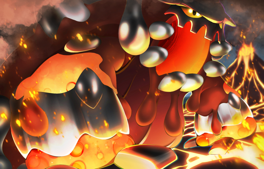 art_eichi, black_eyes, colored_sclera, commentary_request, gen_4_pokemon, heatran, highres, lava