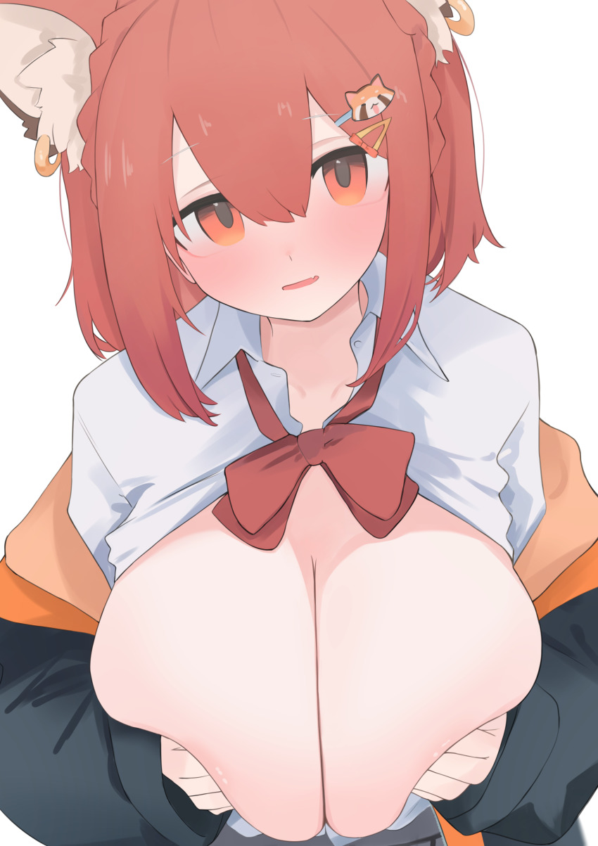 1girl, absurdres, animal_ear_piercing, animal_ears, bow, braid, breasts, collarbone