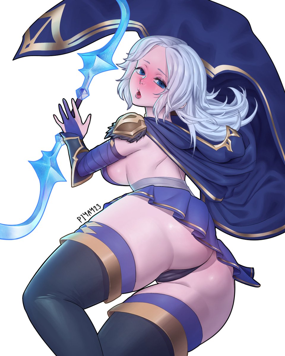 ashe_(league_of_legends), ass, blue_eyes, bow_(weapon), bracelet, breasts, cape, commentary