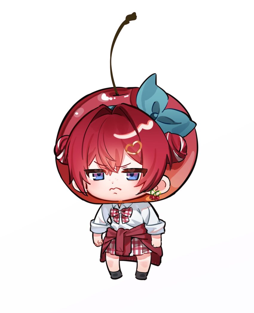 1girl, ange_katrina, annoyed, aqua_bow, black_socks, blue_eyes, blush, bow