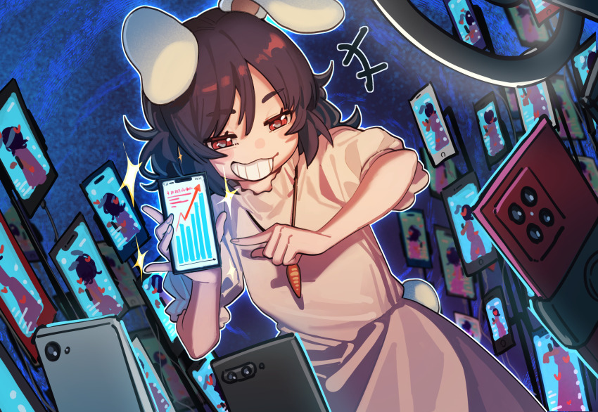 +++, 1girl, absurdres, animal_ears, brown_hair, carrot_necklace, cellphone, commentary