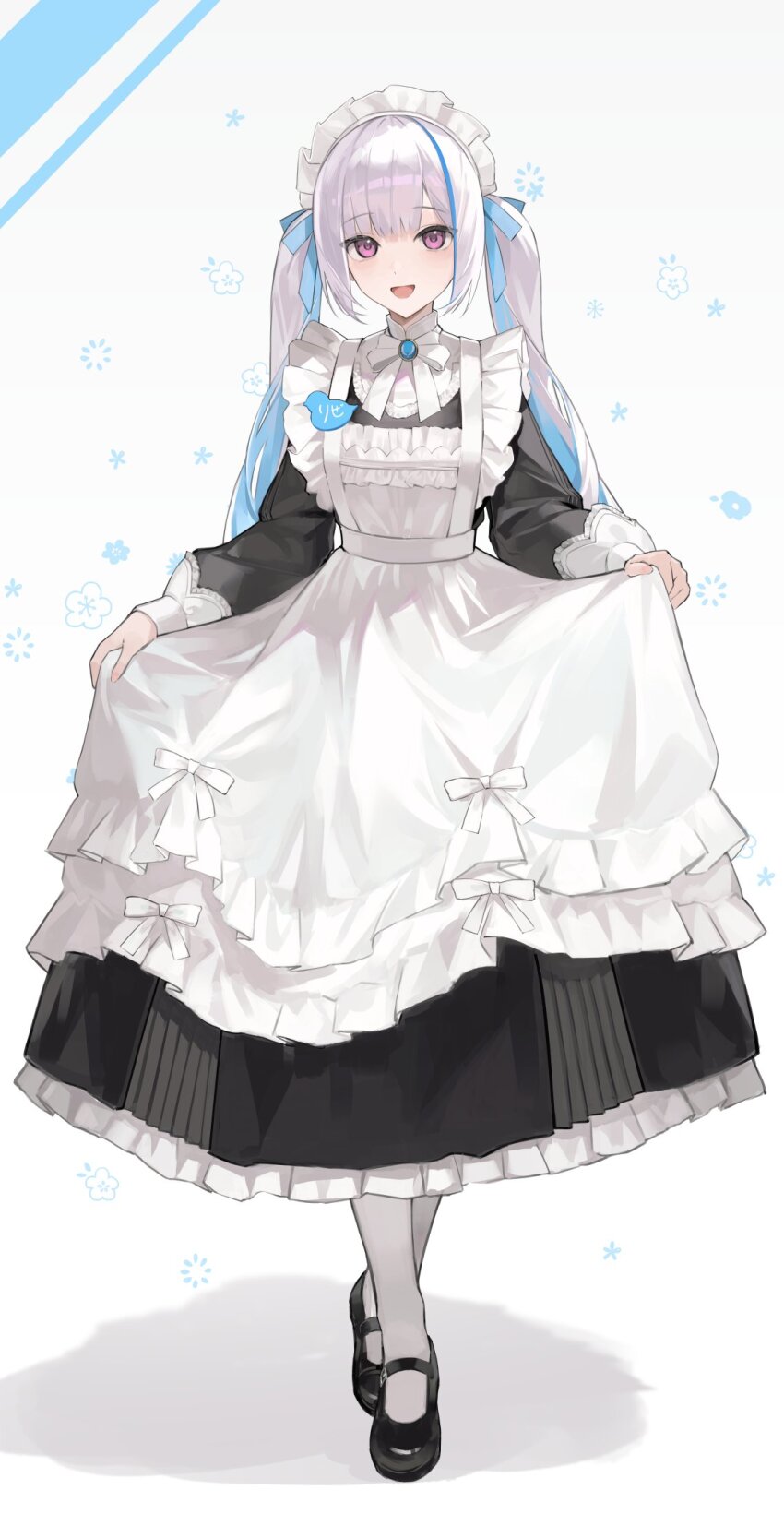 1girl, :d, apron, black_dress, black_shoes, blue_hair, blue_ribbon, bow