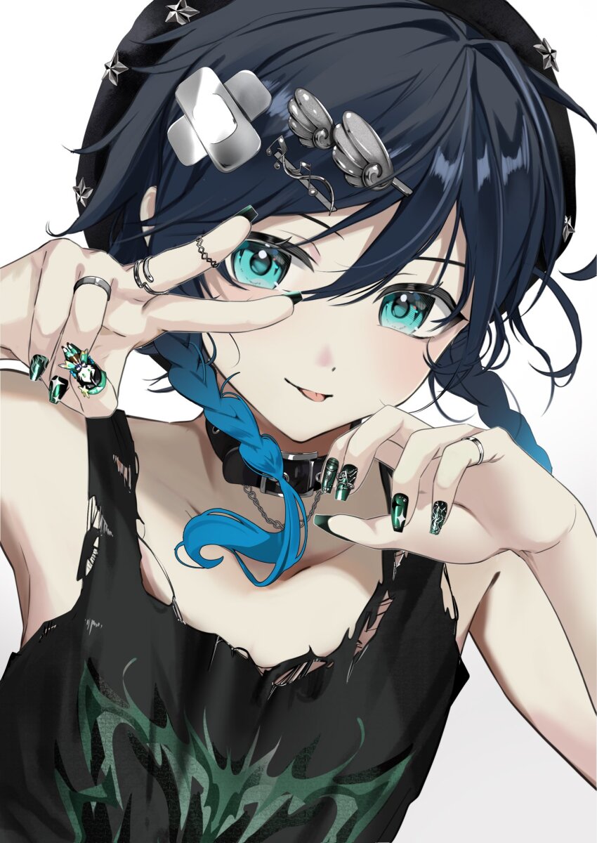 1boy, aqua_eyes, aqua_hair, black_hair, black_hat, black_tank_top, braid, commentary_request