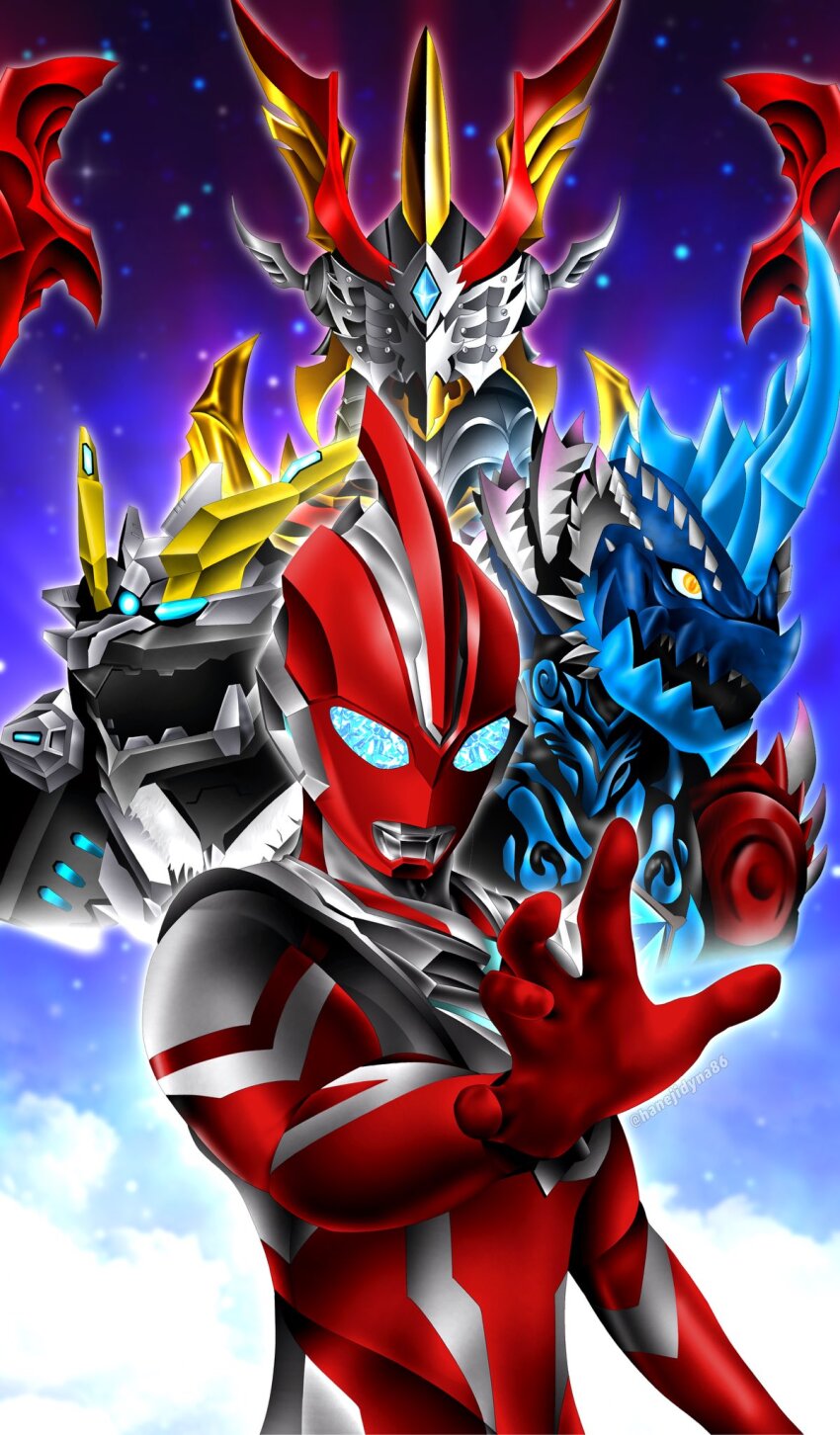 1boy, alien, armor, bird, blue_eyes, blue_horns, blue_sky, breastplate, chest_jewel, cloud, cloudy_sky, color_timer, colored_skin, commentary, compound_eyes, crystal, dinosaur, dorsal_fin, forehead_jewel, giant, giant_cat, giant_male, glowing, glowing_eyes, hand_up, hanejidyna86, highres, horns, kaiju, looking_ahead, looking_at_viewer, looking_down, monster, multicolored_skin, neck_fur, omega_slugger, open_hand, open_mouth, pectorals, phoenix, reaching, red_skin, rekiness, silver_skin, single_horn, sky, star_(sky), starry_sky_background, tiger, tokusatsu, toned, toned_male, trigaron, two-tone_skin, ultra_series, ultraman_omega, ultraman_omega_(series), upper_body, valgeness, yellow_eyes