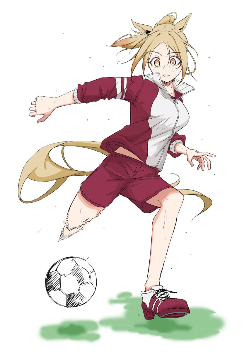 1girl, absurdres, animal_ears, ball, blonde_hair, breasts, commentary, highres