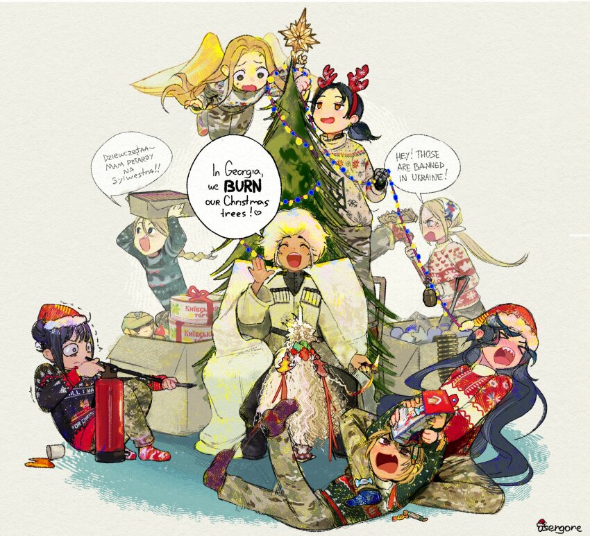 anger_vein, blonde_hair, blue_eyes, blue_hair, broom, brown_eyes, bullet, cake