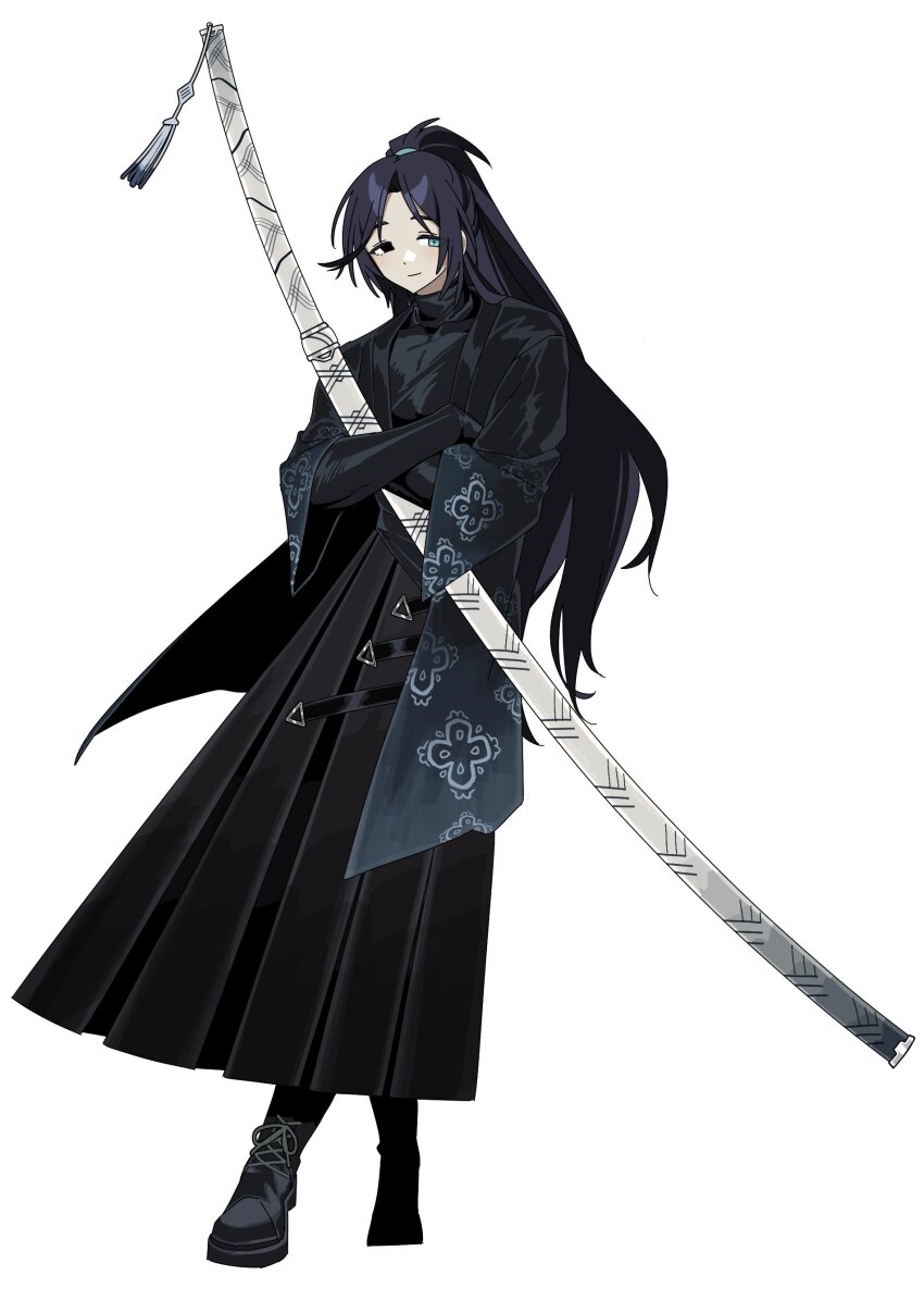 absurdres, angellyuna, black_eyes, black_hair, black_shirt, black_shoes, blue_eyes, closed_mouth