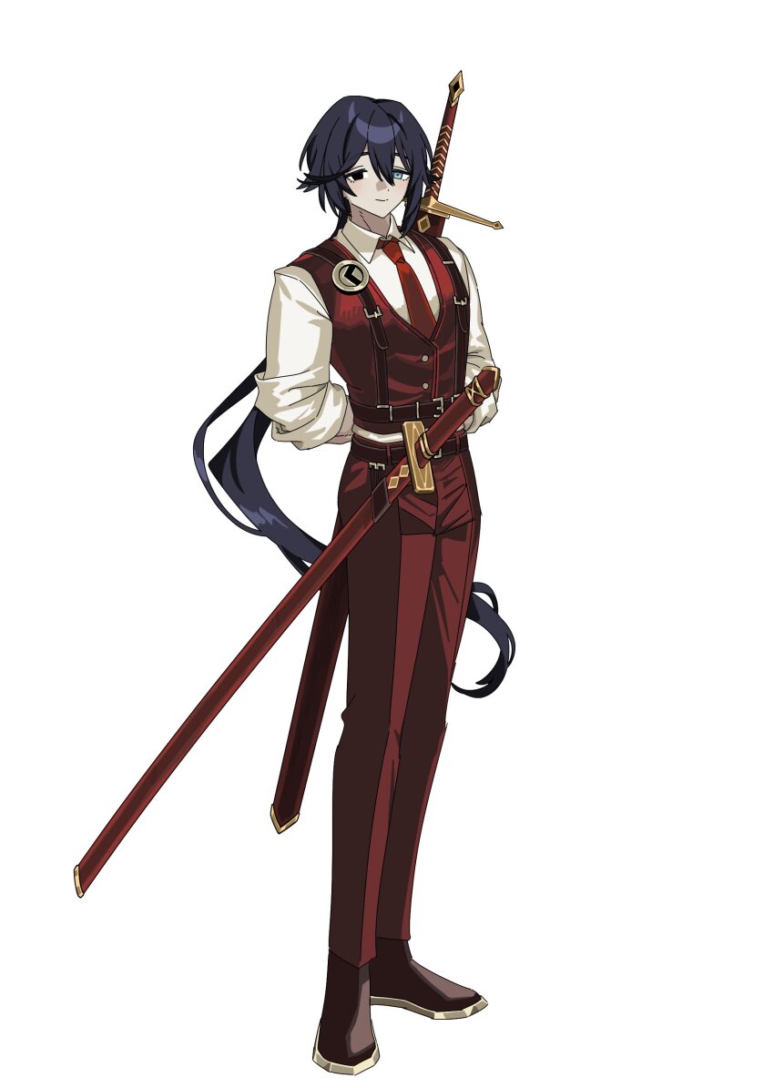 1boy, absurdres, angellyuna, arms_behind_back, belt, black_eyes, black_hair, blue_eyes