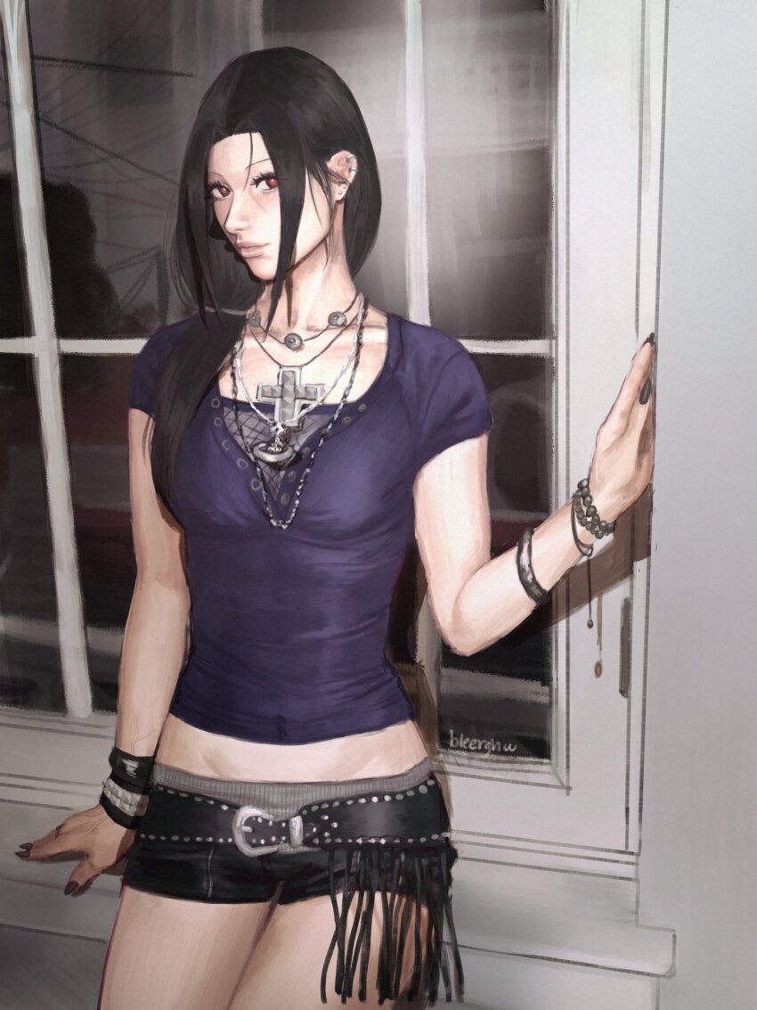 1girl, artist_name, bead_bracelet, beads, belt, black_belt, black_eyes, black_hair, black_nails, black_shorts, bleeehrghw, bracelet, breasts, camera_flash, closed_mouth, collarbone, commentary, cowboy_shot, cross, cross_necklace, ear_piercing, eyelashes, fingernails, fishnet_top, fishnets, fringe_belt, genderswap, genderswap_(mtf), hand_on_wall, highres, indoors, jewelry, lipgloss, long_fingernails, long_hair, looking_at_viewer, low_side_ponytail, lowleg, lowleg_shorts, makeup, mascara, medium_breasts, midriff, multiple_bracelets, multiple_necklaces, naruto_(series), necklace, night, parted_bangs, piercing, purple_shirt, red-eye_effect, ring, shirt, short_shorts, short_sleeves, shorts, side_ponytail, silver_necklace, silver_piercing, sitting, studded_bracelet, tight_clothes, tight_shirt, uchiha_itachi, untranslatable_commentary, v-neck, vivienne_westwood, window, y2k_fashion