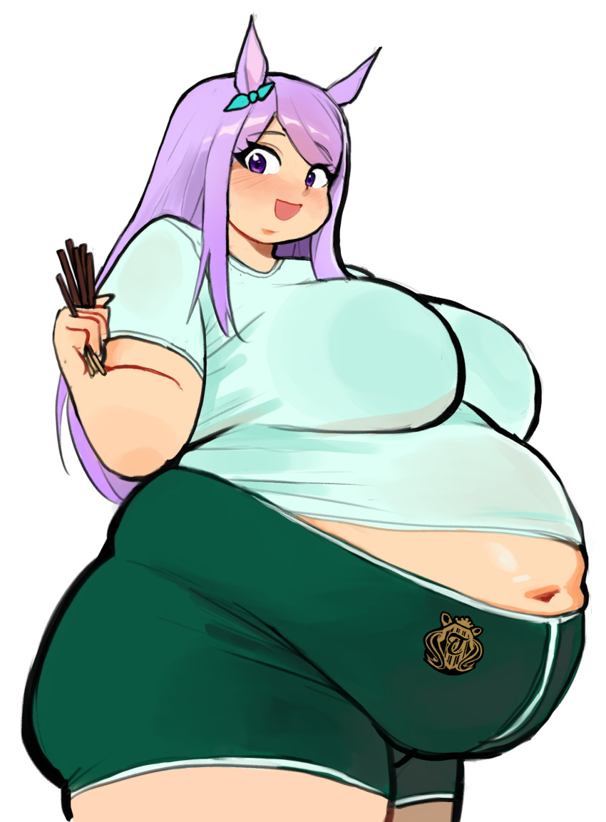 1girl, :d, absurdres, alternate_body_size, animal_ears, big_belly, blue_bow, blue_shirt