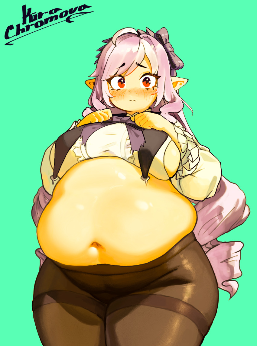 1girl, absurdres, alternate_body_size, artist_name, belly, big_belly, black_bow, blush