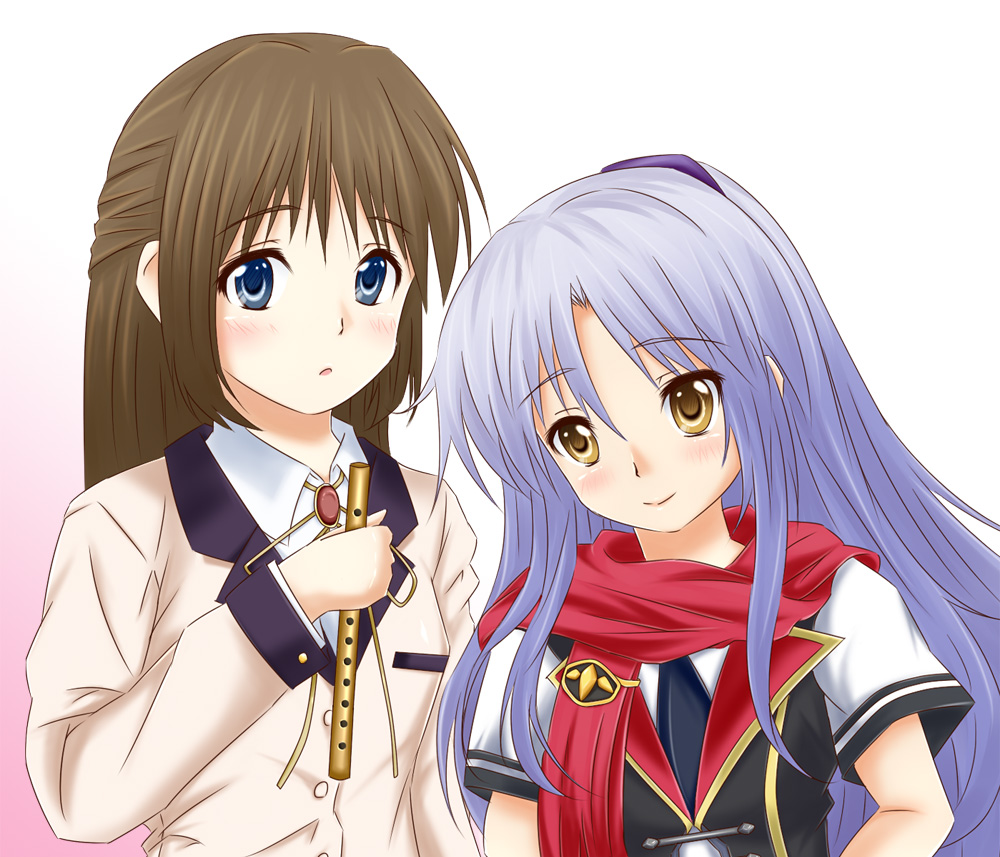 angel_beats!, blue_eyes, blue_hair, brown_hair, cosplay, costume_switch, crossover, duece_(fft-0), final_fantasy, final_fantasy_type-0, flute, hanazawa_kana, instrument, long_hair, nanari, school_uniform, tenshi_(angel_beats!), tenshi_(angel_beats!)_(cosplay), voice_actor_connection, yellow_eyes