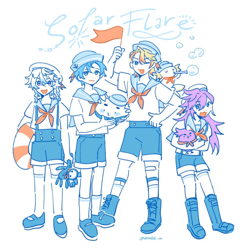 4boys, absurdres, altventurer_(regis_altare), axel_syrios, axelotl_(axel_syrios), banzoin_hakka, black_shoes, blue_hair