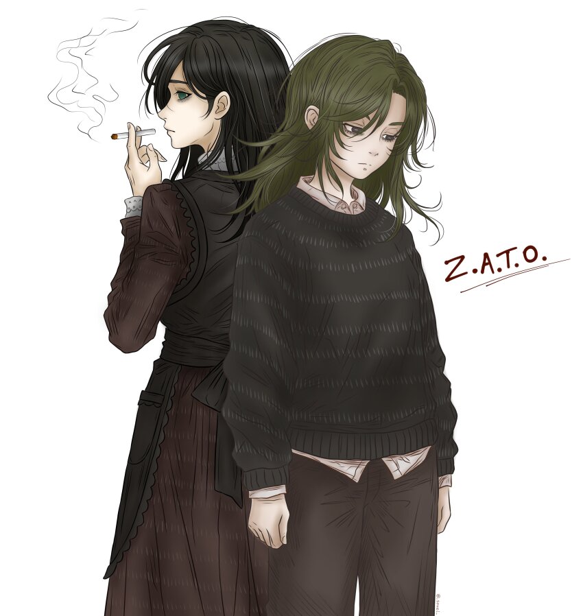 2girls, absurdres, apron, arms_at_sides, back-to-back, bags_under_eyes, black_apron, black_hair