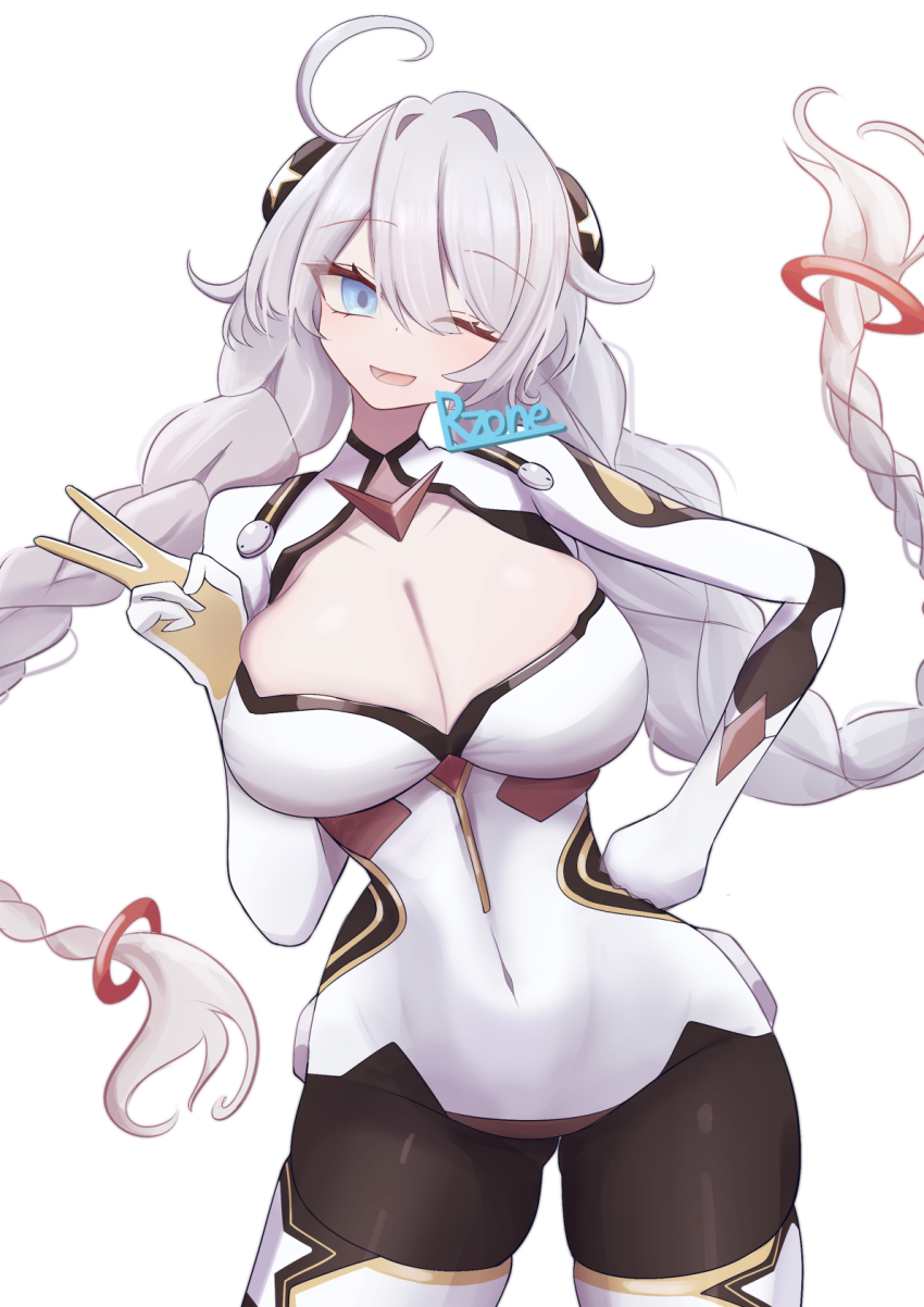 1girl, ;), ahoge, blue_eyes, bodysuit, braid, breasts, cleavage