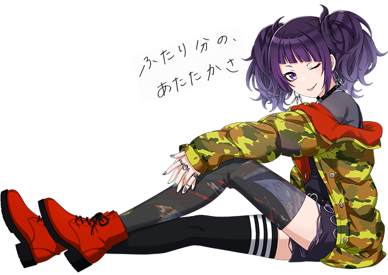 1girl, asymmetrical_legwear, boots, earrings, idolmaster, idolmaster_shiny_colors, jacket, japanese_text