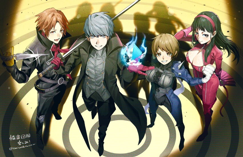 2boys, 2girls, absurdres, amagi_yukiko, amamiya_ren, amamiya_ren_(cosplay), black_hair, breasts, brown_hair, cleavage, cleavage_cutout, clothing_cutout, cosplay, full_body, gloves, grey_hair, hanamura_yousuke, hand_fan, highres, joker_(persona_5), joker_(persona_5)_(cosplay), katana, knife, large_breasts, long_hair, looking_at_viewer, megami_tensei, multiple_boys, multiple_girls, narukami_yu, niijima_makoto, niijima_makoto_(cosplay), omisoshiru, panther_(persona_5), paper_fan, persona, persona_4, persona_5, queen_(persona_5), sakamoto_ryuuji, sakamoto_ryuuji_(cosplay), satonaka_chie, scarf, short_hair, skull_(persona_5), sword, tail, takamaki_anne, takamaki_anne_(cosplay), weapon