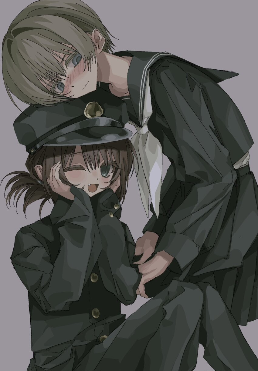 1girl, 1other, black_jacket, black_sailor_collar, black_serafuku, blonde_hair, blue_eyes, blush