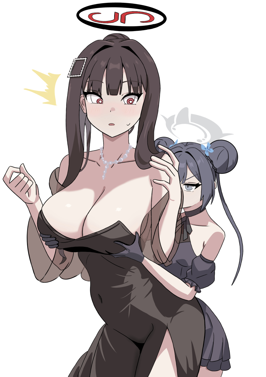 2girls, absurdres, bare_shoulders, bead_necklace, beads, black_dress, black_gloves, black_hair