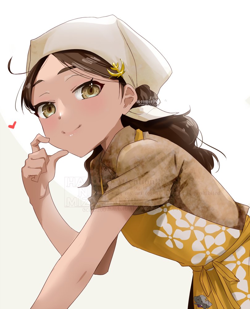 1girl, apron, bandana, brown_eyes, brown_hair, brown_shirt, collared_shirt, commentary_request