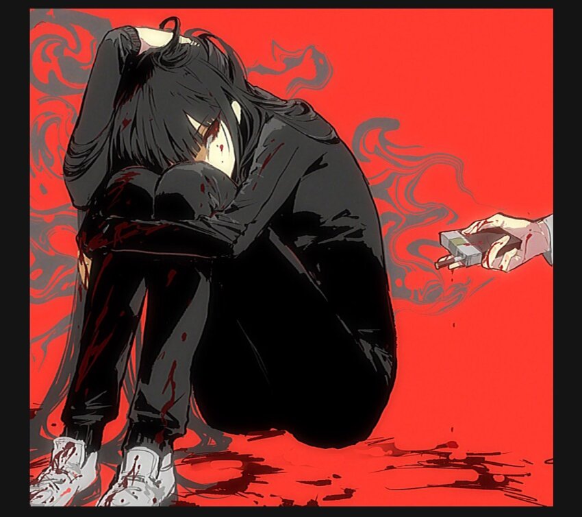 2girls, aged_down, black_border, black_hair, black_shirt, blood, blood_on_clothes, blood_on_face