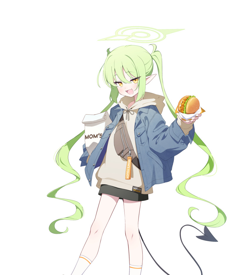 1girl, absurdres, blue_archive, blue_jacket, burger, demon_tail, food, green_hair