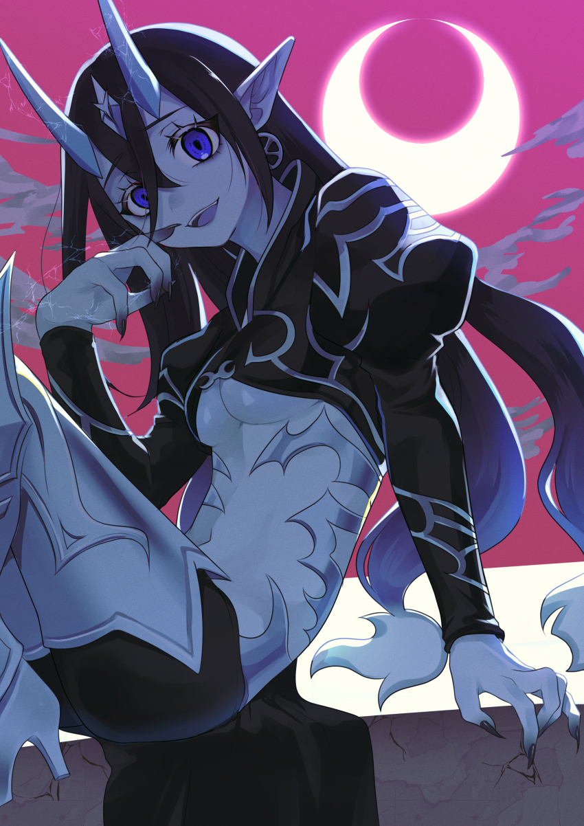 1girl, absurdres, blue_eyes, blue_sky, commentary_request, crescent_moon, dominus_spark, duel_monster, earrings, hand_on_own_face, hand_up, high_heels, highres, horns, jewelry, long_hair, moon, open_mouth, pinyata_(pinyaland), pointy_ears, sitting, sky, solo, yu-gi-oh!