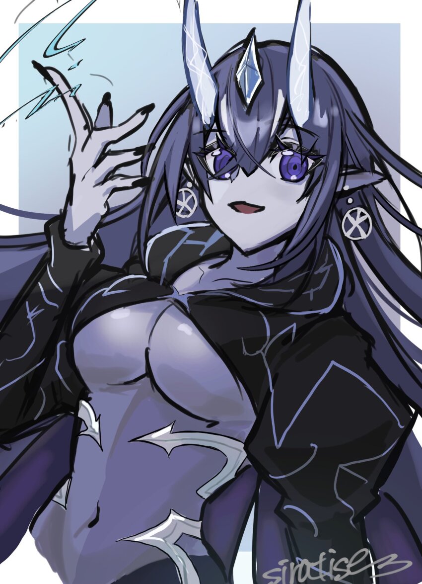 1girl, artist_collaboration, breasts, cleavage, commentary_request, dominus_spark, duel_monster, earrings, hair_between_eyes, hair_ornament, highres, horns, jewelry, juliet_sleeves, long_hair, long_sleeves, navel, open_mouth, pointy_ears, puffy_sleeves, purple_eyes, purple_hair, sidelocks, signature, sira_tise, underboob, upper_body, yu-gi-oh!