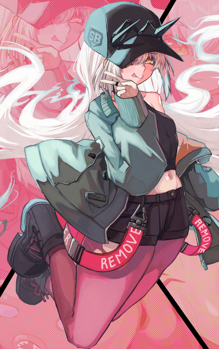 1girl, absurdres, bare_shoulders, baseball_cap, black_boots, black_hat, black_shirt, black_shorts