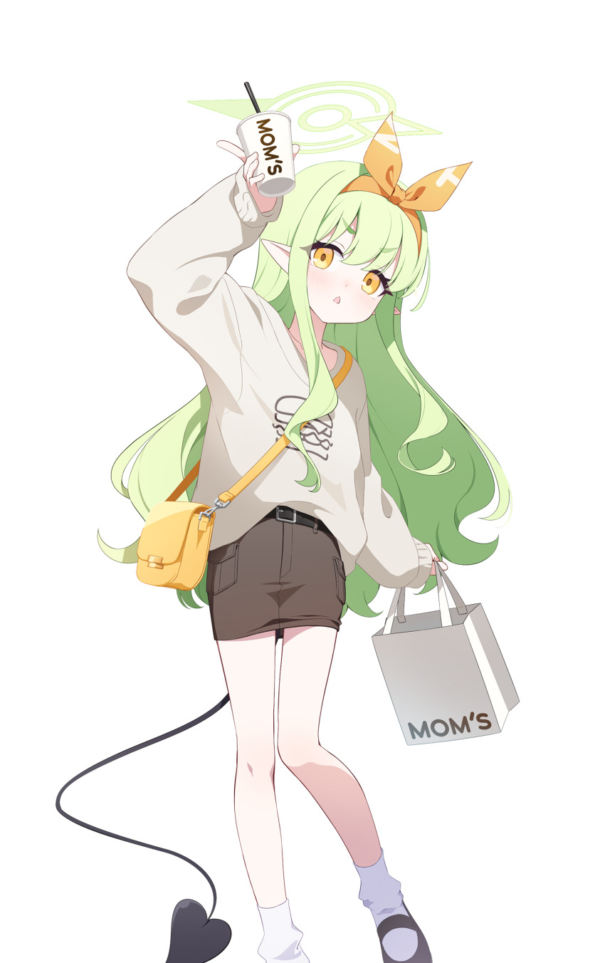 1girl, absurdres, bag, belt, blue_archive, bow_hairband, cup, demon_tail