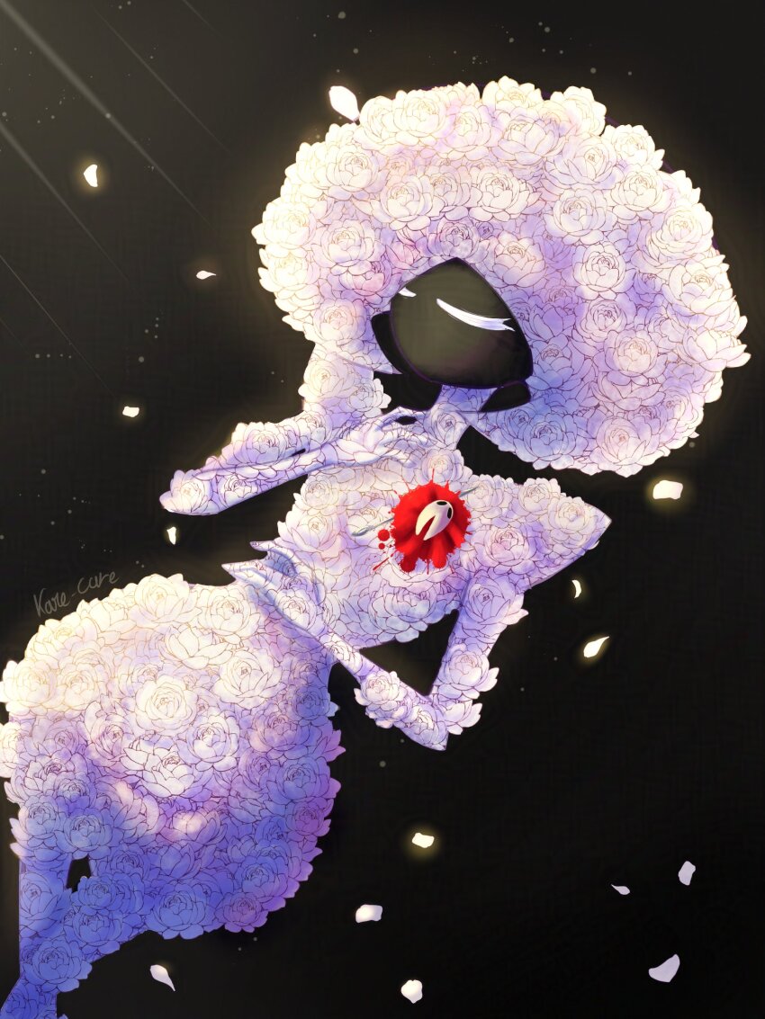 arthropod_girl, artist_name, black_background, black_skin, cloak, closed_eyes, colored_skin, flower, from_above, highres, holding, holding_weapon, hollow_eyes, hollow_knight, hollow_knight:_silksong, horned_mask, hornet_(hollow_knight), horns, kare_care, lace_(hollow_knight), mask, needle_(hollow_knight), no_mouth, petals, red_cloak, simple_background, weapon, white_flower, white_mask