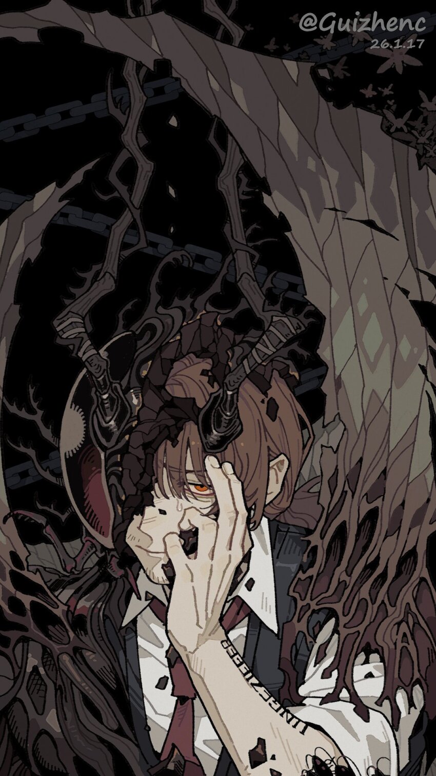 1boy, arm_tattoo, arthropod_boy, arthropod_horns, arthropod_limbs, black_background, black_vest, brown_eyes