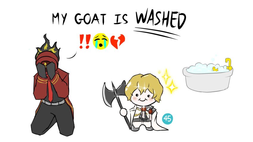 1boy, 1other, armor, ascot, bathtub, black_ascot, black_gloves, blonde_hair