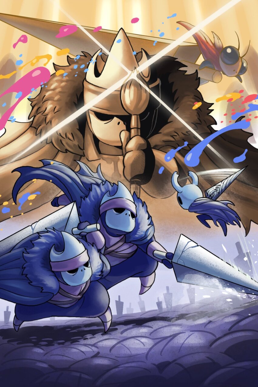 1other, 4boys, antennae, arthropod_boy, black_eyes, black_skin, boss_fight, cloak