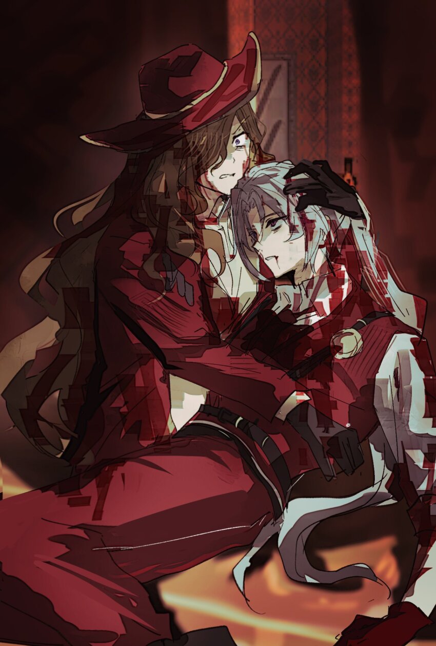 1boy, 1girl, belt, black_gloves, blue_eyes, brown_belt, brown_hair, clenched_teeth