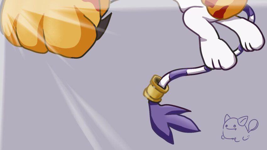 animal_hands, cat, clenched_hand, digimon, digimon_(creature), gloves, grey_background, highres