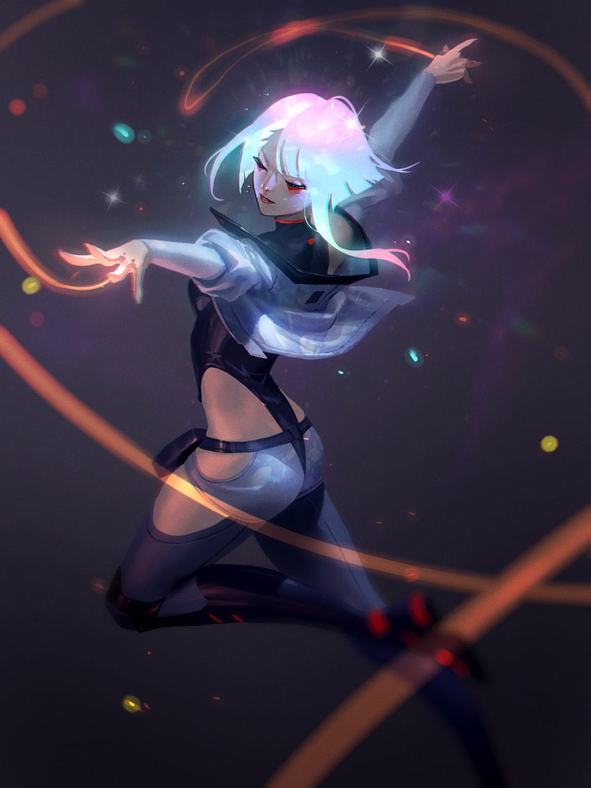 1girl, absurdres, black_boots, blunt_bangs, boots, breasts, closed_eyes, clothing_cutout