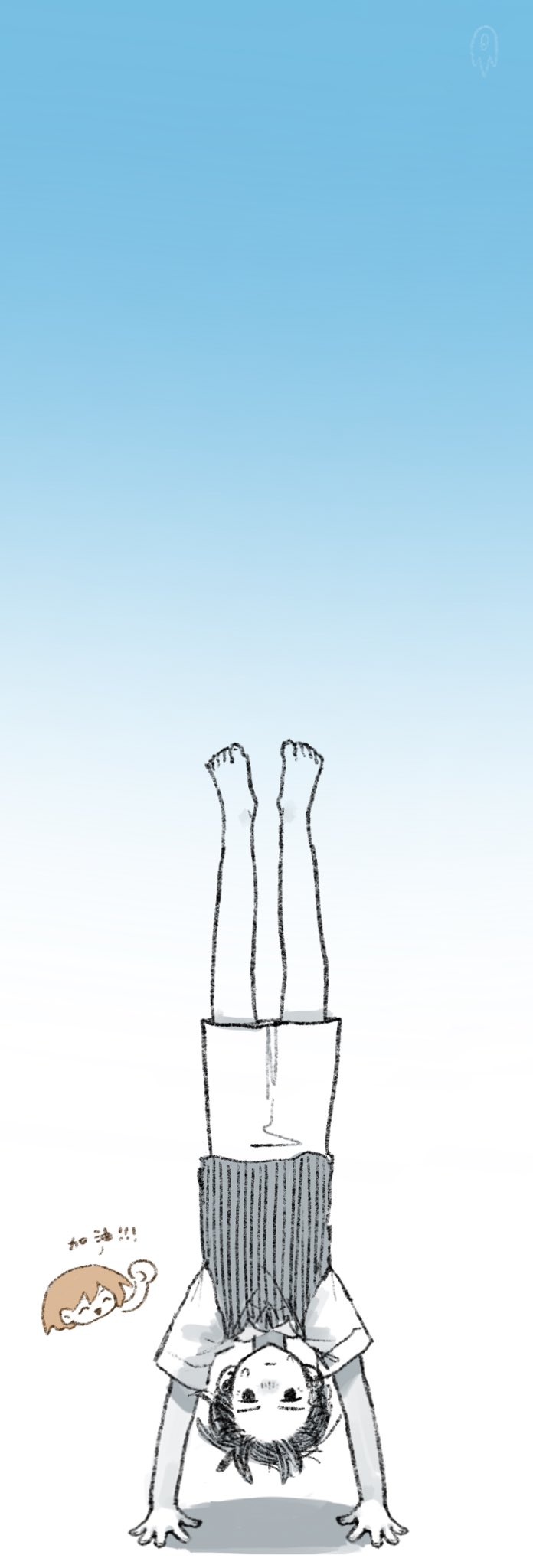 2boys, ^_^, arm_up, barefoot, black_eyes, black_hair, black_sweater_vest, blue_background