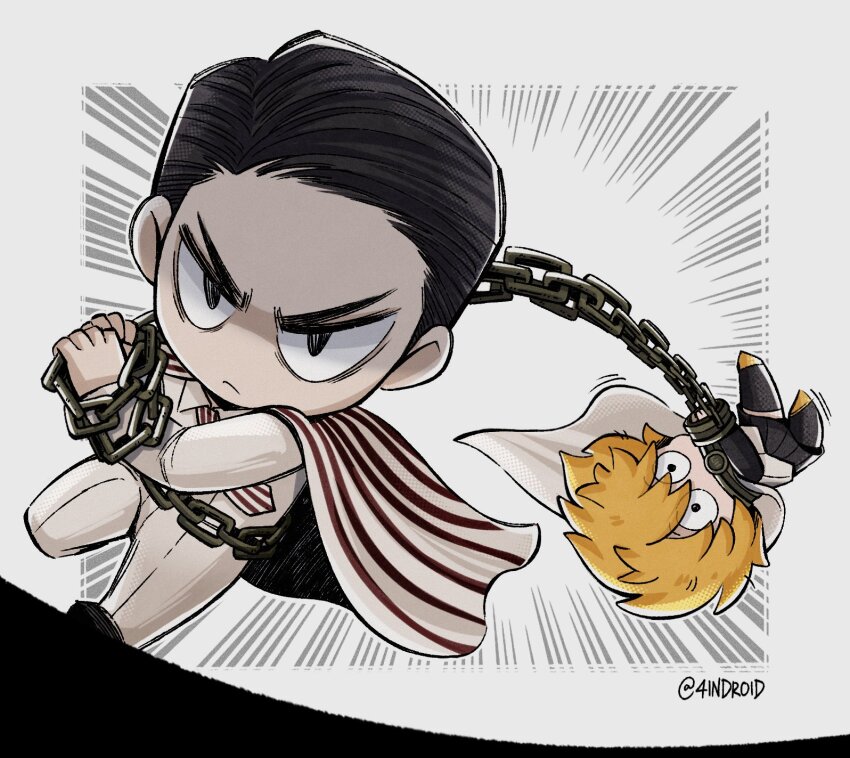 1boy, 1girl, 4indroid, black_eyes, black_hair, black_skirt, blonde_hair, cape