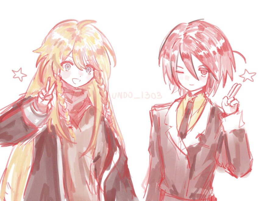 2boys, :d, artist_name, black_necktie, blonde_hair, blue_eyes, braid, brown_jacket, brown_shirt, collared_shirt, epic_battle_fantasy, highres, jacket, lance_(epic_battle_fantasy), long_hair, looking_at_viewer, male_focus, multiple_boys, neckerchief, necktie, missing_headwear, open_mouth, red_eyes, red_hair, red_neckerchief, shirt, smile, star_(symbol), twin_braids, undo_1303, upper_body, v, very_long_hair, white_background