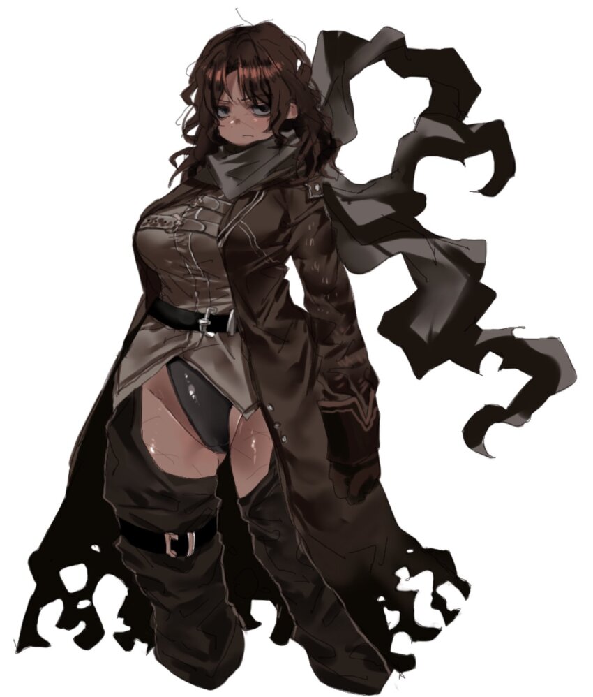 1girl, black_leotard, breasts, brown_coat, brown_gloves, brown_hair, brown_pants, brown_vest, closed_mouth, coat, commentary_request, crotchless, crotchless_pants, erlking_heathcliff_(project_moon), genderswap, genderswap_(mtf), gloves, grey_scarf, highleg, highleg_leotard, highres, korean_commentary, large_breasts, leotard, limbus_company, long_hair, looking_at_viewer, pants, project_moon, scarf, serious, simple_background, stephe666q, vest, wavy_hair, white_background