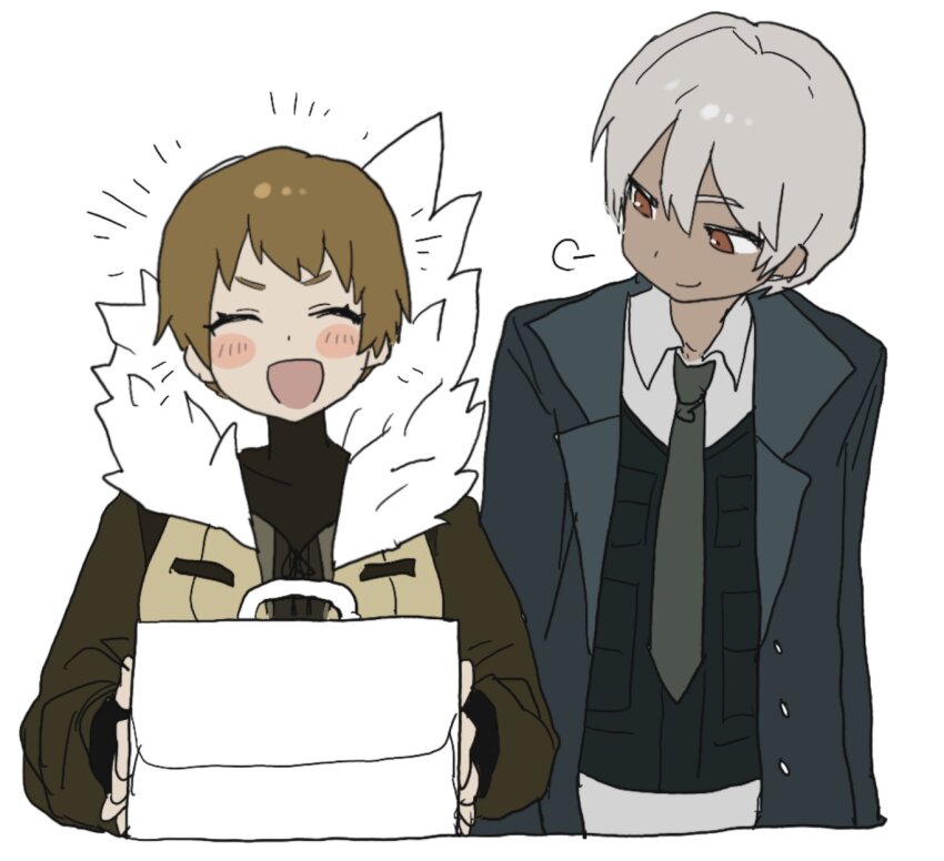 1boy, 1girl, black_vest, blush, brown_jacket, closed_eyes, collared_shirt, cowboy_shot