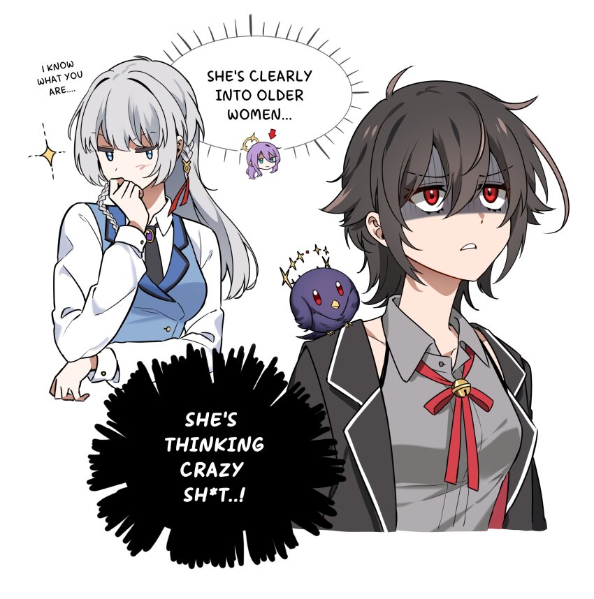 absurdres, animal, animal_on_shoulder, bird, bird_on_shoulder, black_hair, black_necktie, blue_eyes